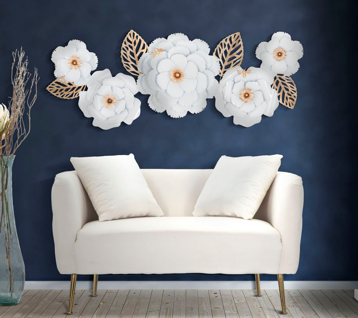 Wandpaneel Blätter Weiß Gold 60 cm – Wanddeko