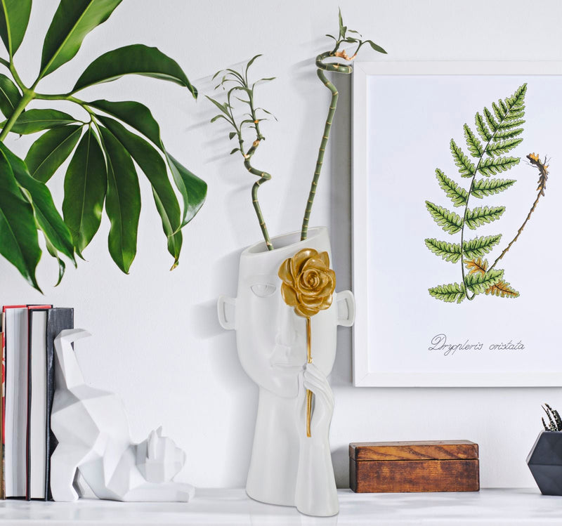 Vase Gesicht Blume Weiß Gold – Blumenvase Deko