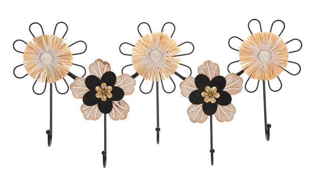 Garderobe Blumen Holz Rattan 5 Haken – Hakenleiste Flur