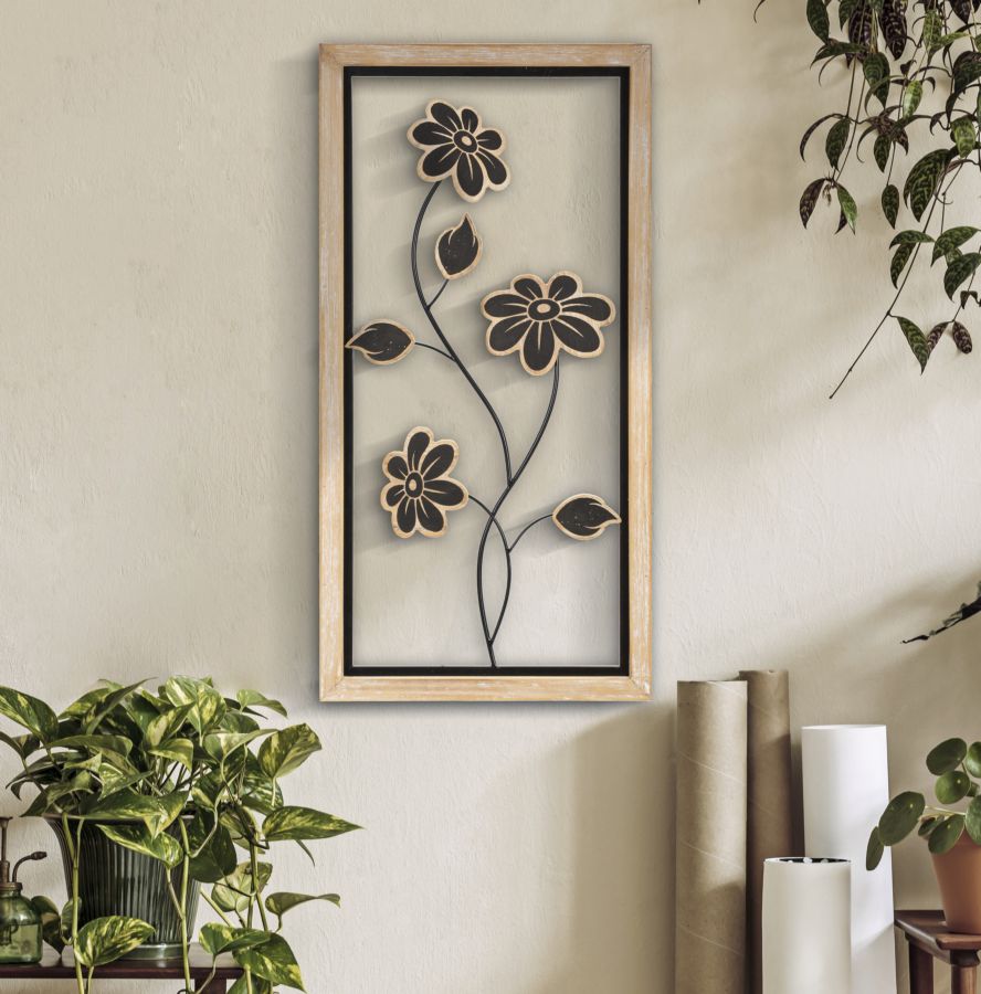 Wandpaneel Blumen Girish Braun Schwarz 30×60 cm B – Wanddeko