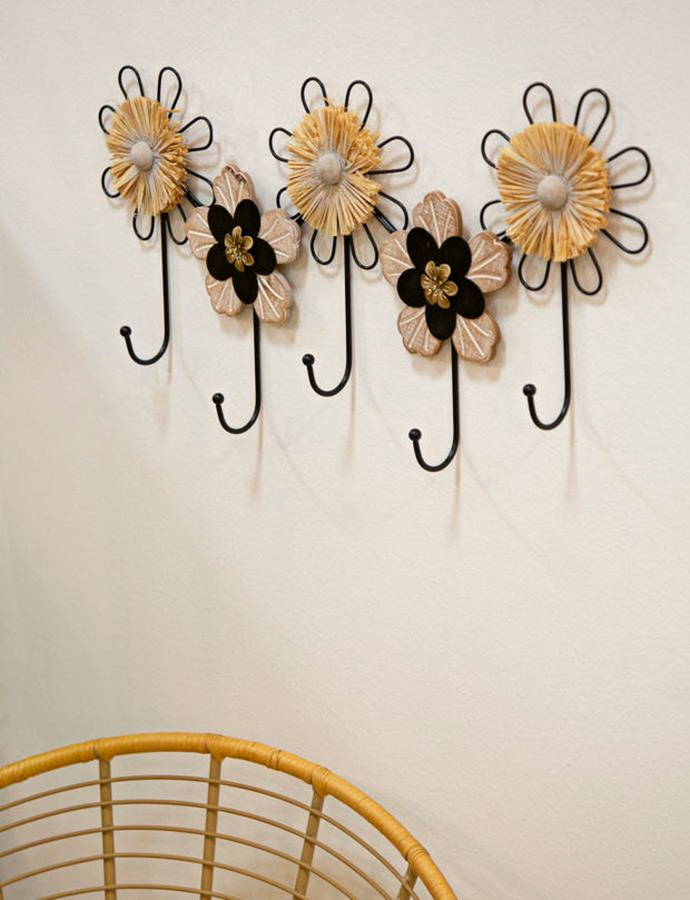 Garderobe Blumen Holz Rattan 5 Haken – Hakenleiste Flur