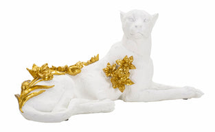 Dekofigur Leopard mit Blumen Weiß Gold – Tierfigur