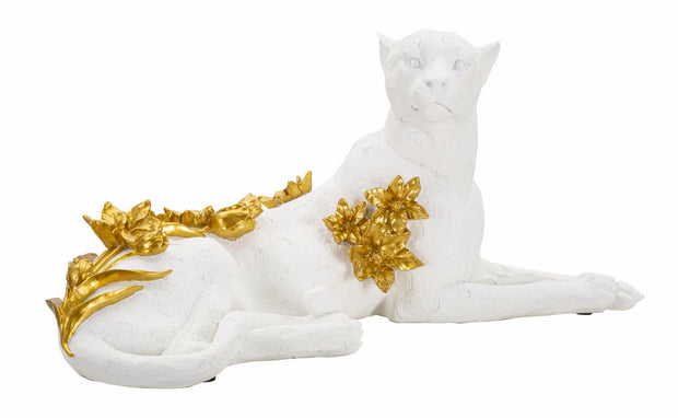 Dekofigur Leopard mit Blumen Weiß Gold – Tierfigur
