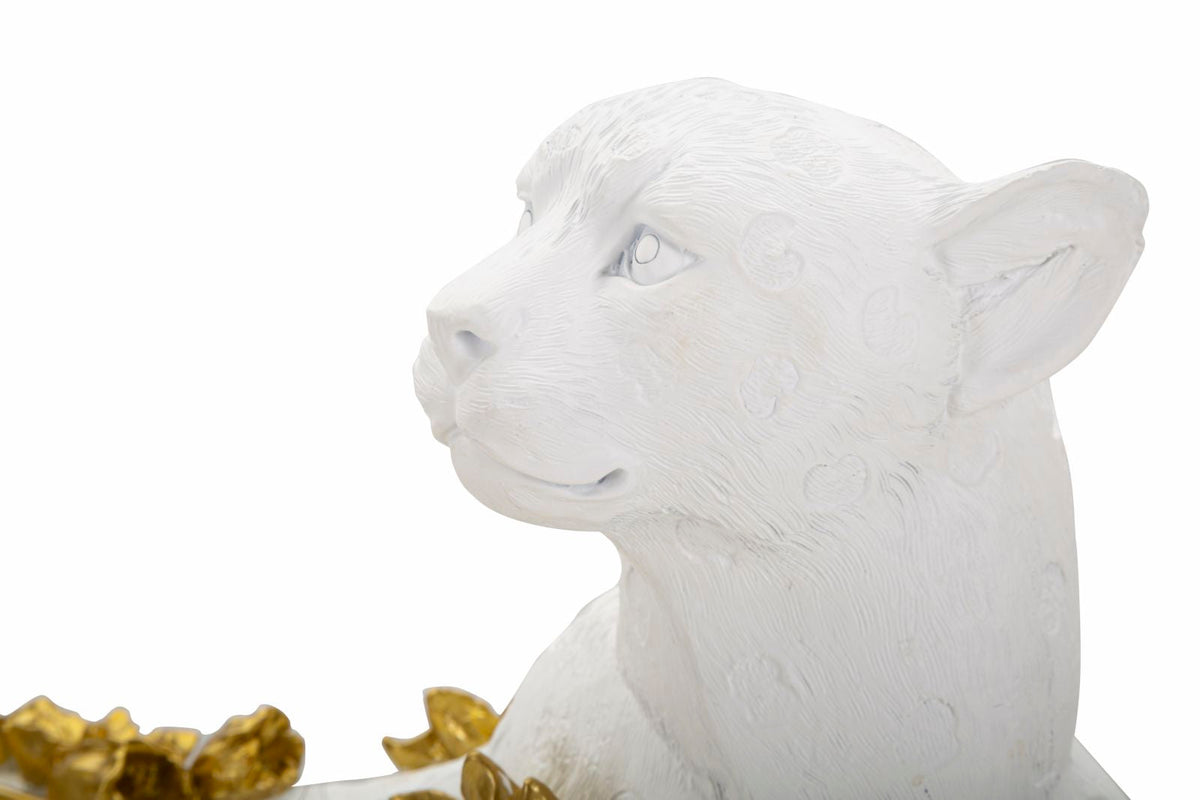 Dekofigur Leopard mit Blumen Weiß Gold – Tierfigur