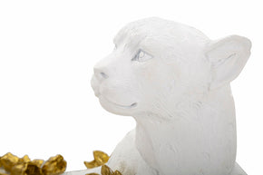 Dekofigur Leopard mit Blumen Weiß Gold – Tierfigur