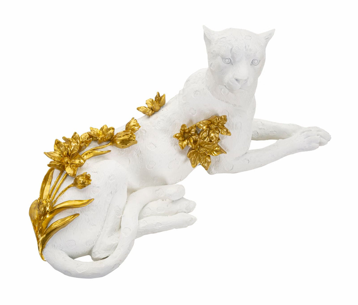Dekofigur Leopard mit Blumen Weiß Gold – Tierfigur
