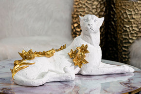 Dekofigur Leopard mit Blumen Weiß Gold – Tierfigur