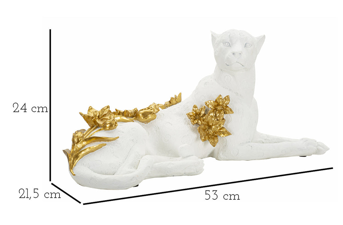 Dekofigur Leopard mit Blumen Weiß Gold – Tierfigur