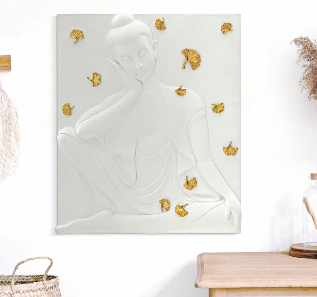 Wandpaneel Buddha Weiß Gold – Wanddeko