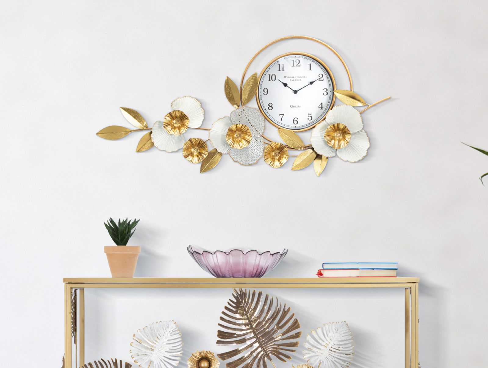 Wanduhr Blätter Gold 45,5 cm – Uhr Wohnzimmer