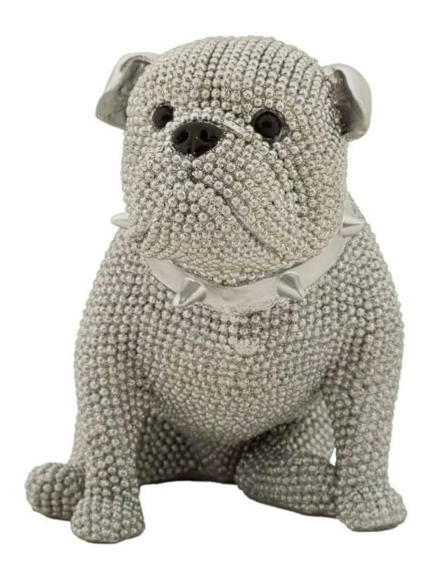 Dekofigur Bulldogge Sitzend Silber mit Halsband – Tierfigur