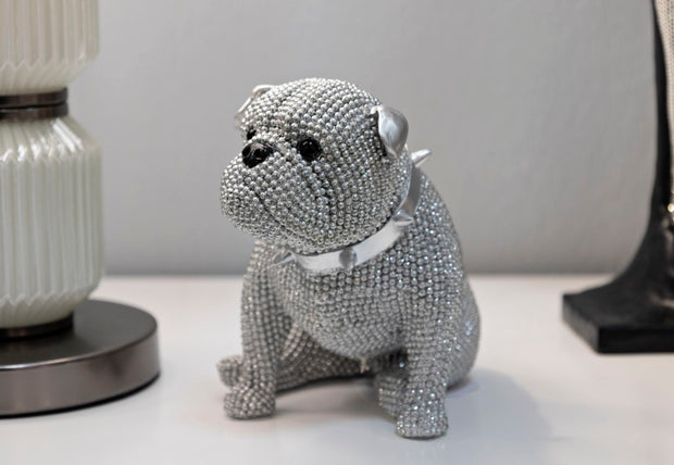 Dekofigur Bulldogge Sitzend Silber mit Halsband – Tierfigur