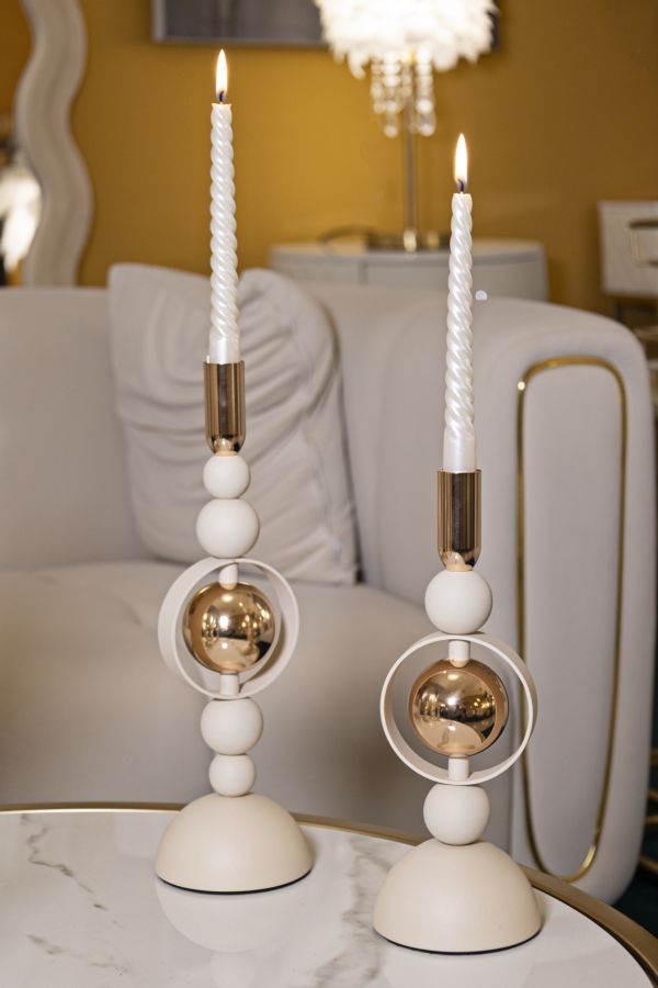 Kerzenständer Saturn Creme Gold 2er Set – Kerzenhalter Deko