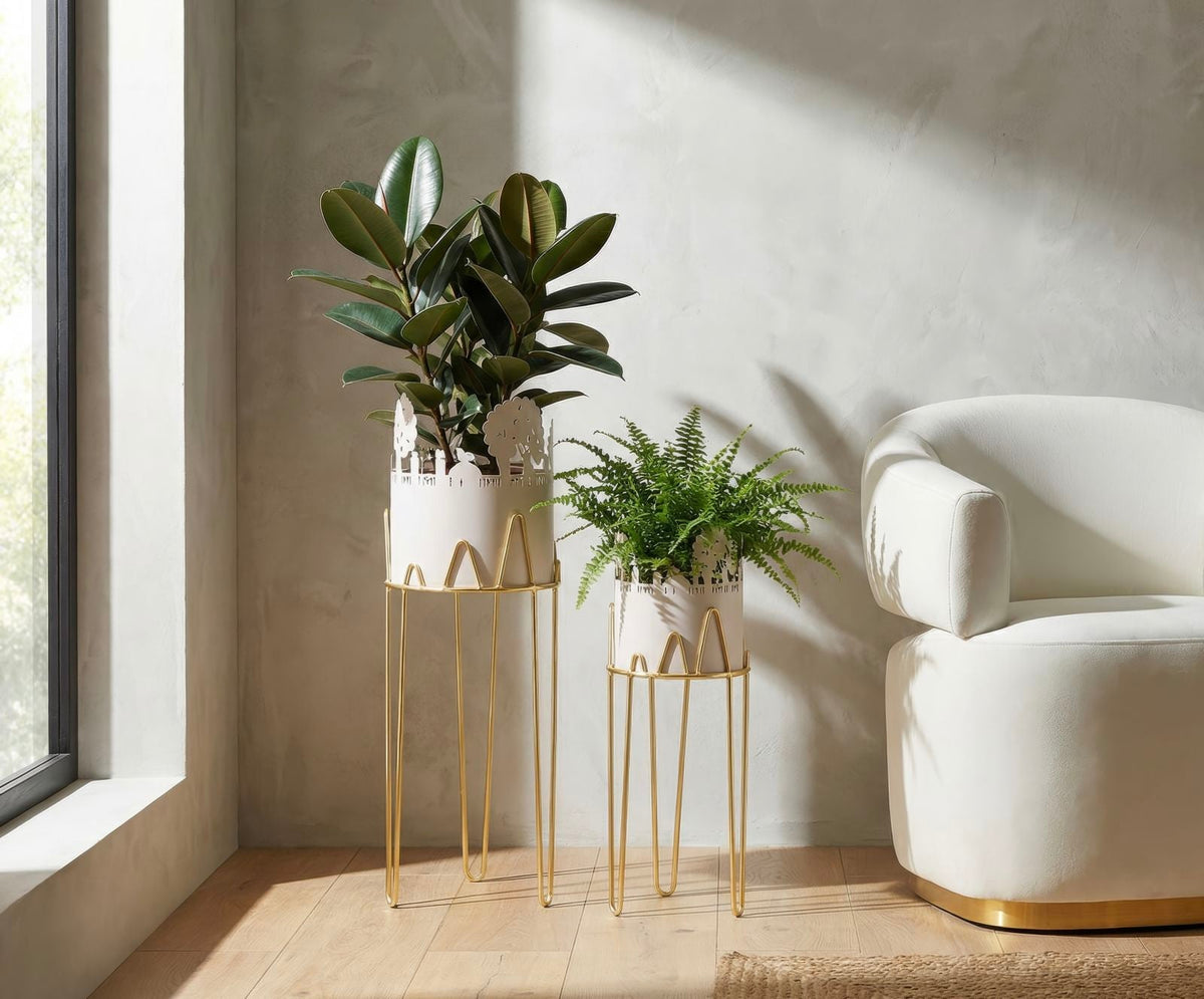 Blumenständer Blätter Grau Gold 79 cm – Pflanzenständer