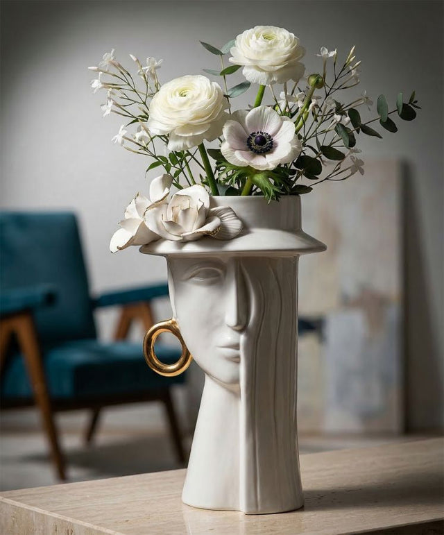 Blumenvase Frauengesicht Weiß Gold 23,5 cm – Dekovase