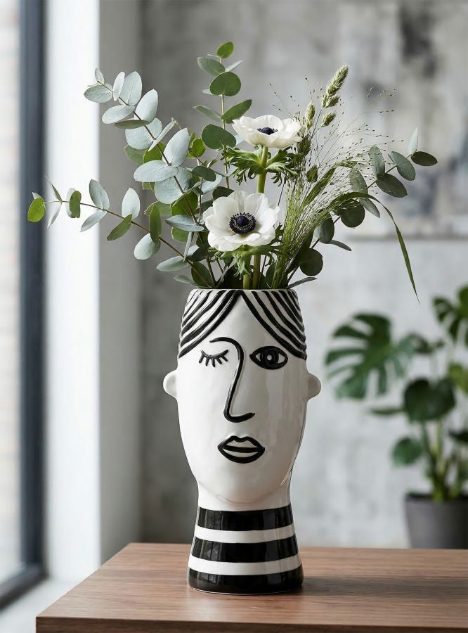 Vase Gesicht Kubismus Weiß Schwarz – Blumenvase Deko