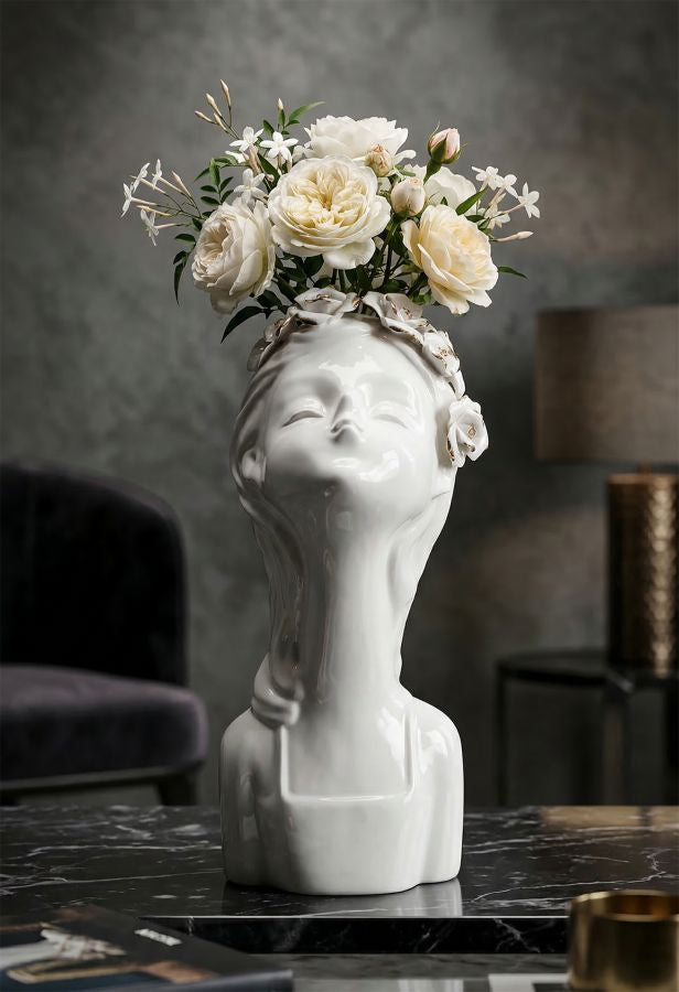 Vase Frau Blumenkranz Weiß Gold – Blumenvase Deko