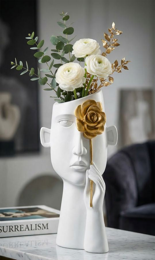 Vase Gesicht Blume Weiß Gold – Blumenvase Deko
