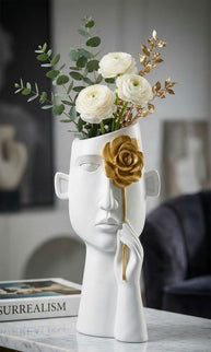 Vase Gesicht Blume Weiß Gold – Blumenvase Deko