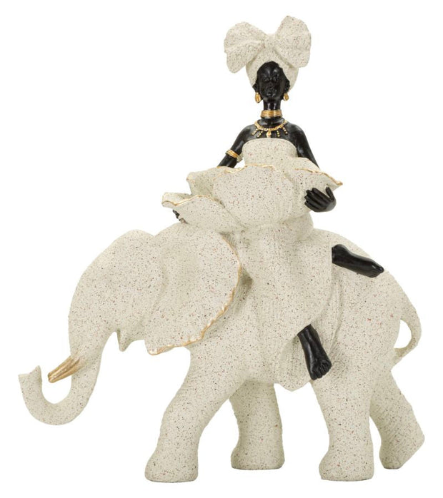 Dekofigur Afrikanische Frau auf Elefant Sand Schwarz Gold 34 cm – Skulptur Deko