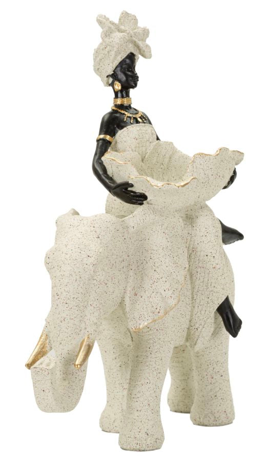 Dekofigur Afrikanische Frau auf Elefant Sand Schwarz Gold 34 cm – Skulptur Deko