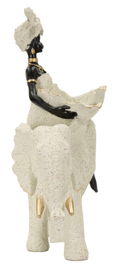 Dekofigur Afrikanische Frau auf Elefant Sand Schwarz Gold 34 cm – Skulptur Deko