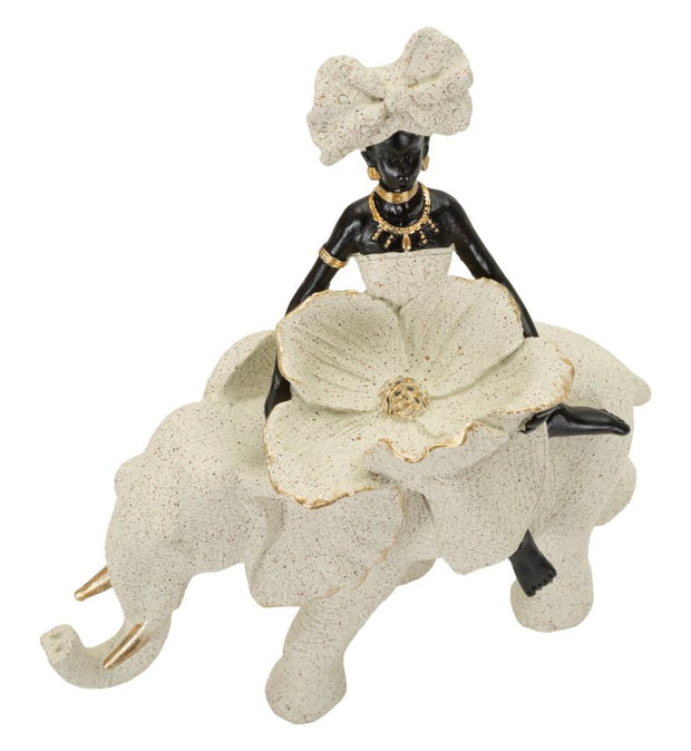 Dekofigur Afrikanische Frau auf Elefant Sand Schwarz Gold 34 cm – Skulptur Deko