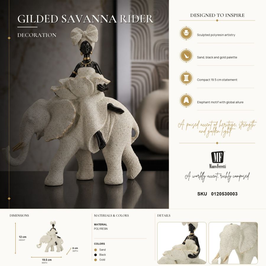 Dekofigur Afrikanische Frau auf Elefant Sand Schwarz Gold 34 cm – Skulptur Deko